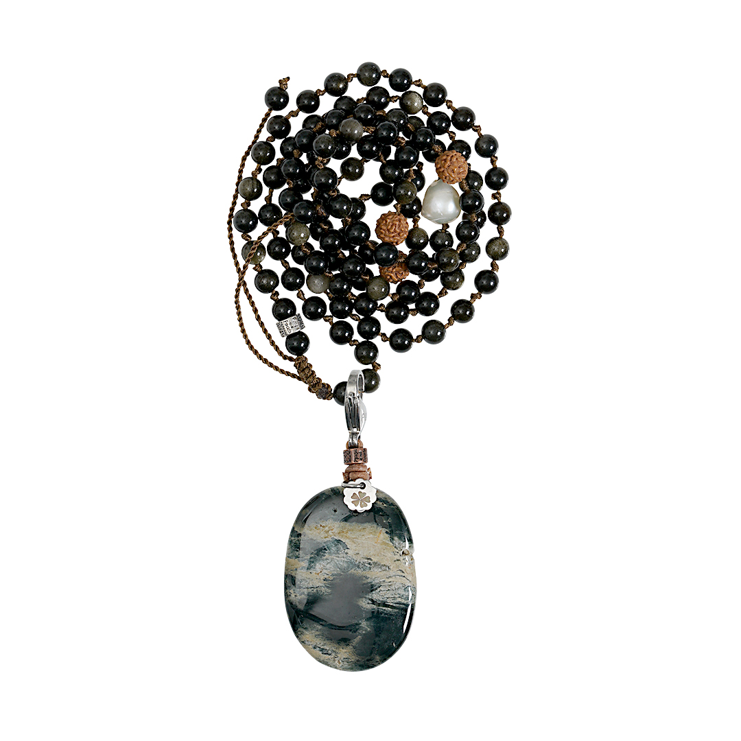 758 16C Edelsteen ketting bedel Goud Obsidiaan Saya Mala