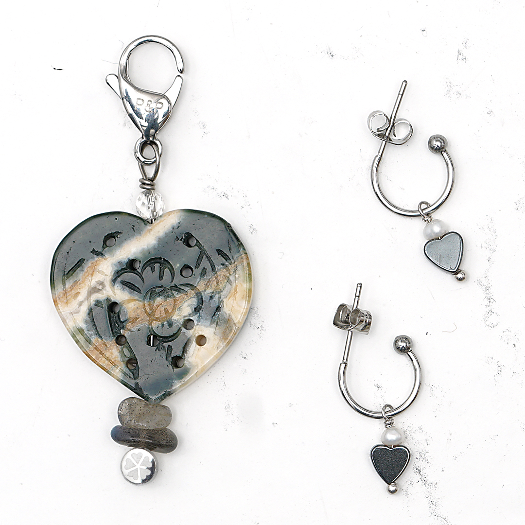 782 01 Edelsteen Hart Ketting en oorbellen set Zilver Groen Jaspis Romance