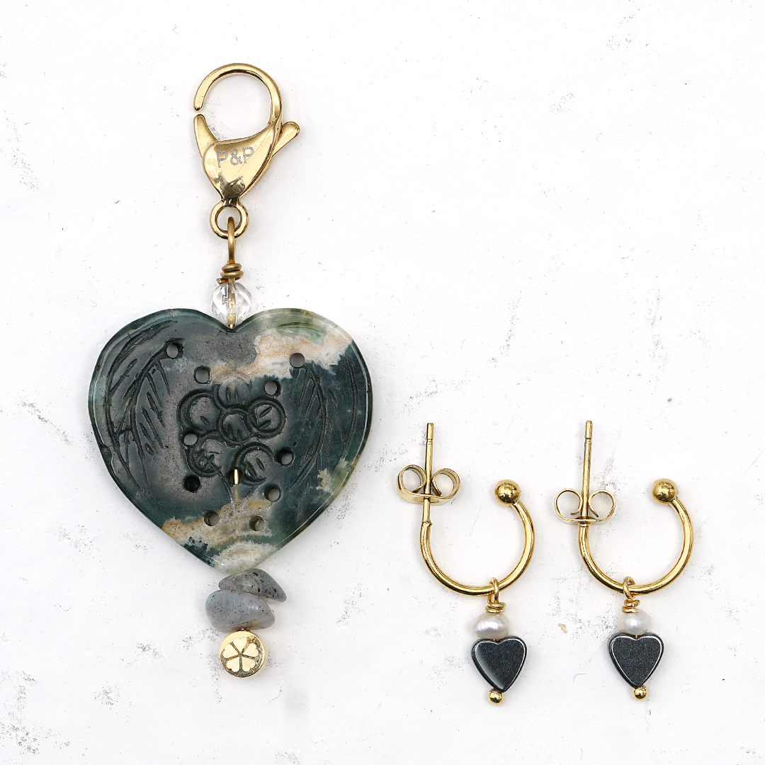 782 02 Edelsteen Hart Ketting en oorbellen set Goud Groen Jaspis Romance