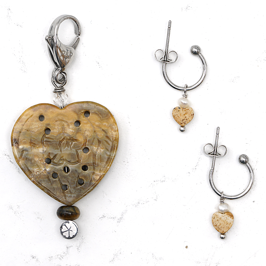 782 03 Edelsteen Hart Ketting en oorbellen set Zilver Naturel Jaspis Romance