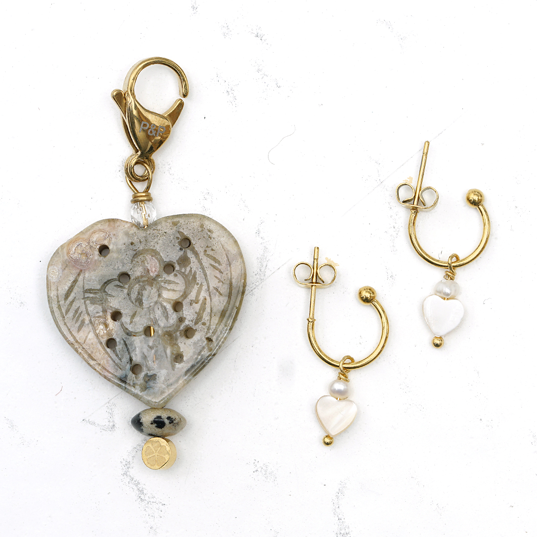 782 06 Edelsteen Hart Ketting en oorbellen set Goud Zand Jaspis Romance