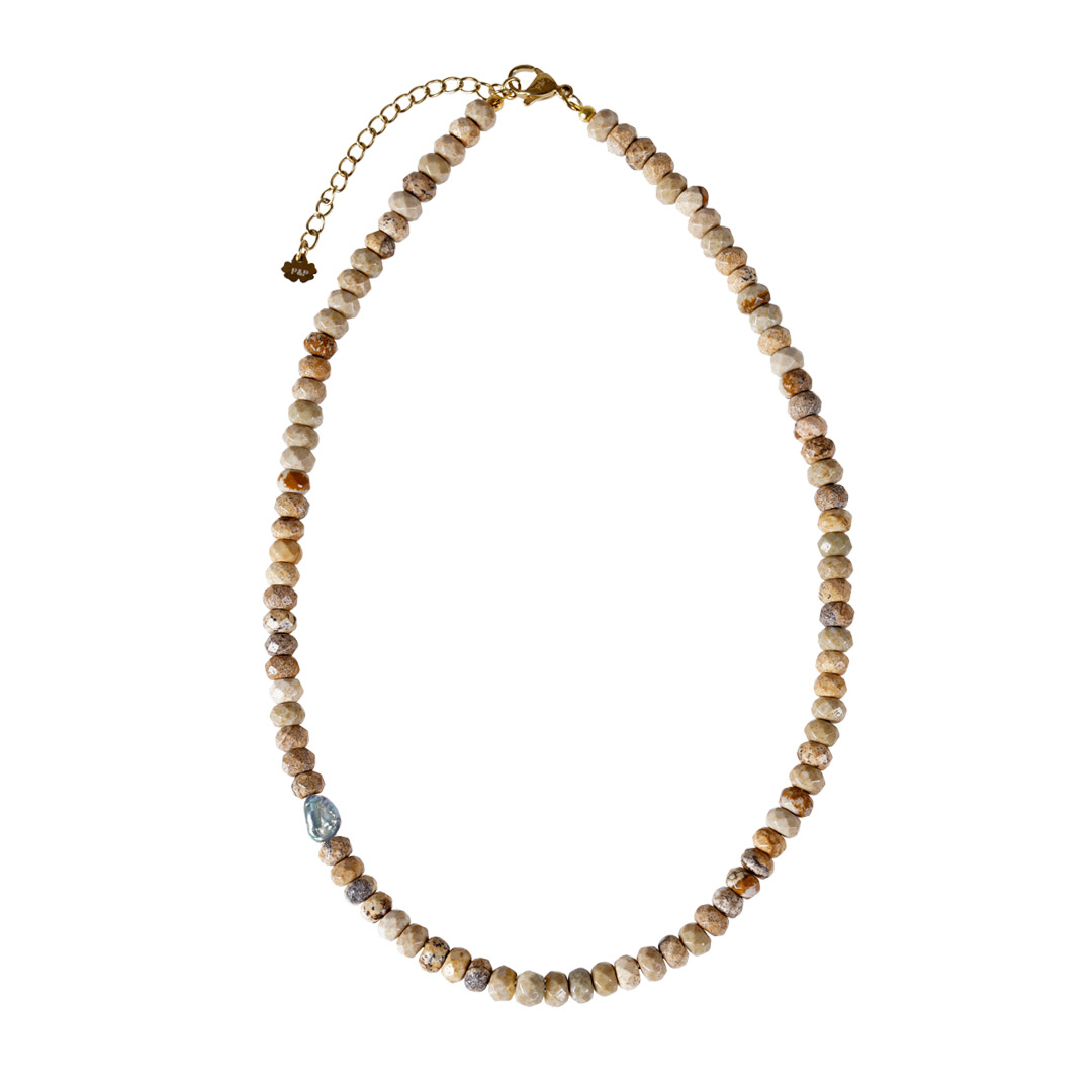 Edelsteen ketting beige Landschap Jaspis facet kort 830 22