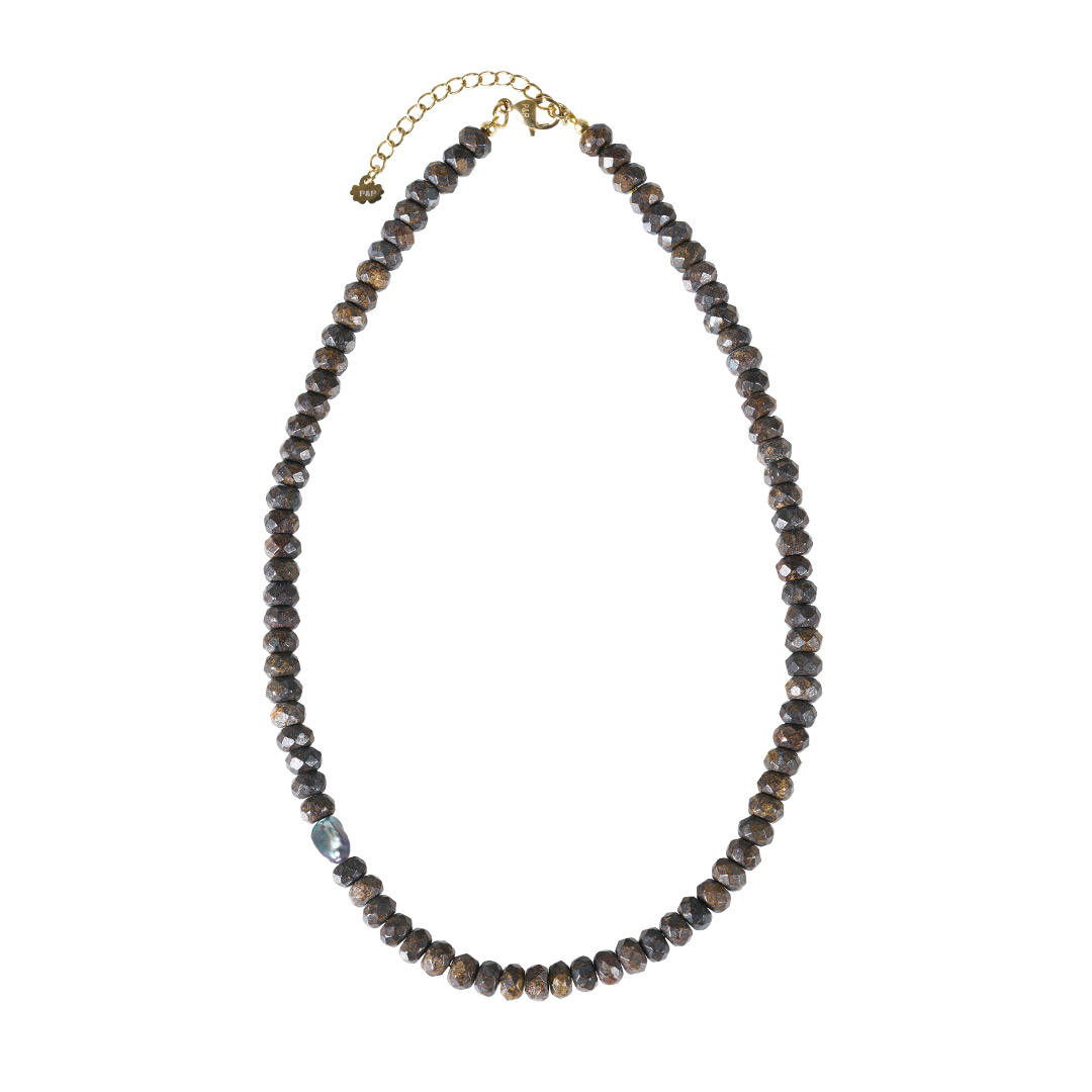 Edelsteen ketting bruin Bronziet facet kort 830 24