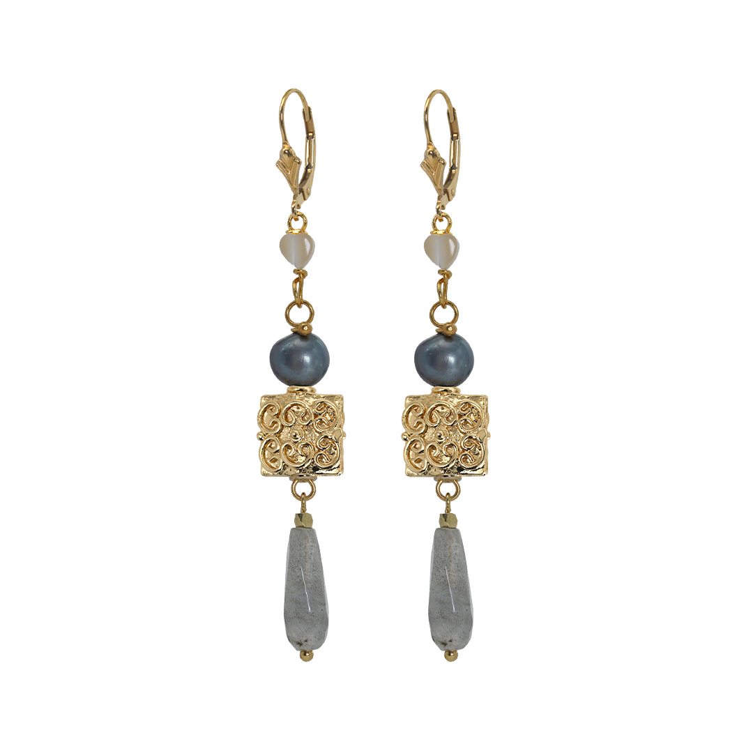 Edelsteen oorbel grijs Labradoriet Parel goud 970 02