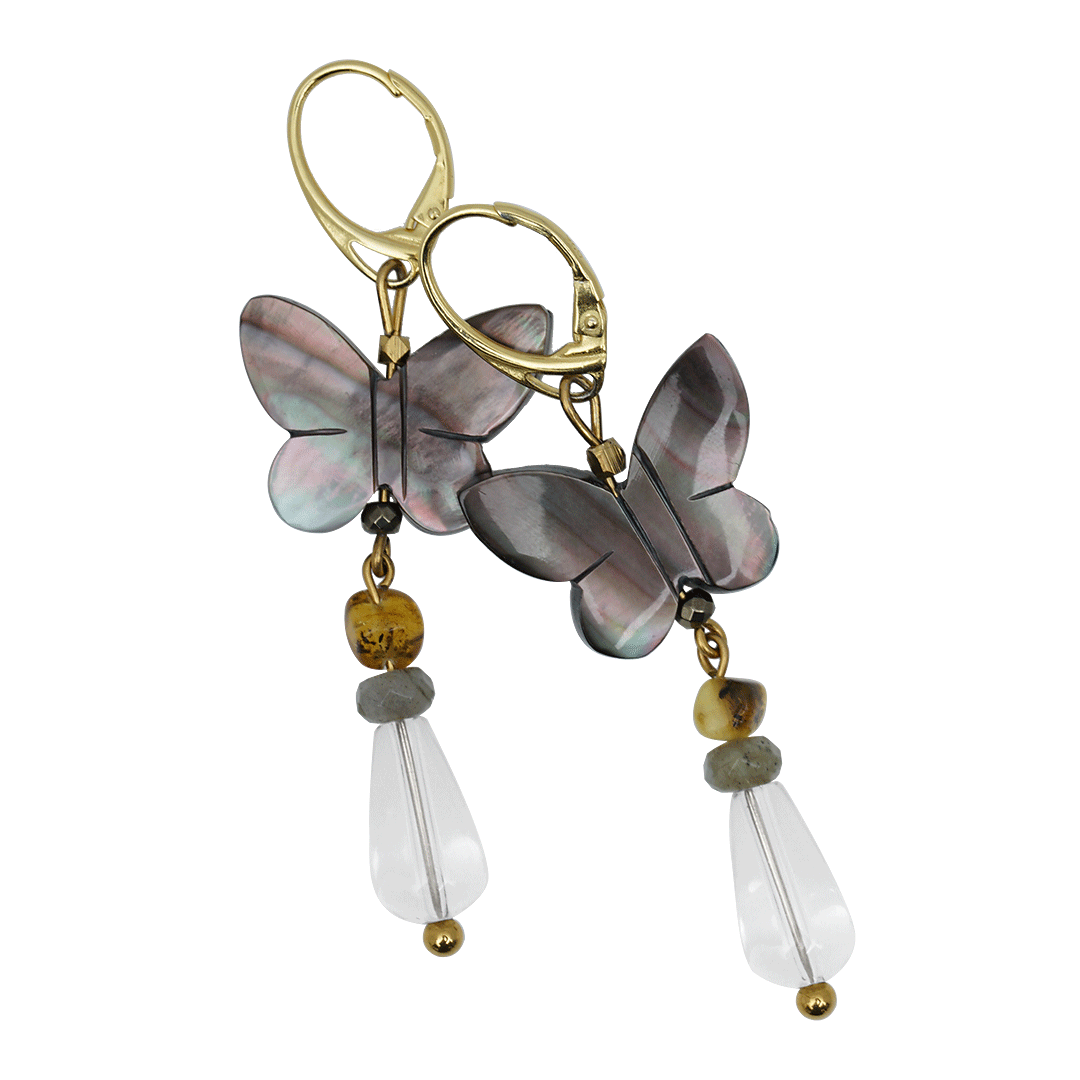 Edelsteen oorbel vlinder bergkristal naturel goud 970 05G