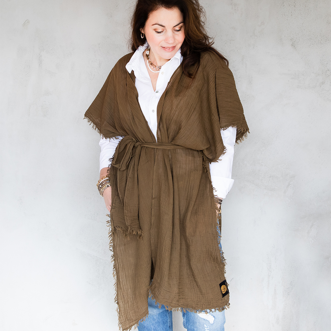 Katoenen Sjaal khaki Poncho Pim 972 02