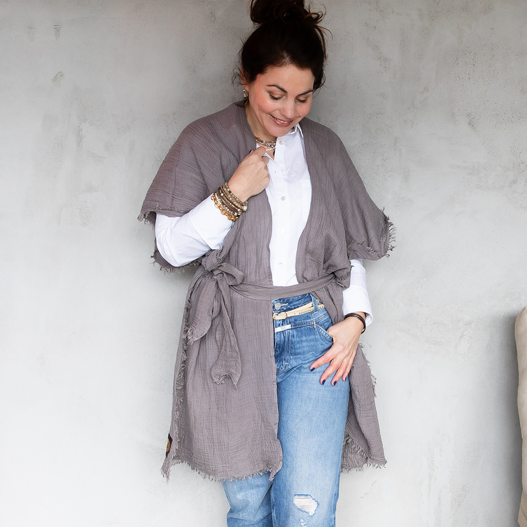 Katoenen Sjaal taupe Poncho Pim 972 03