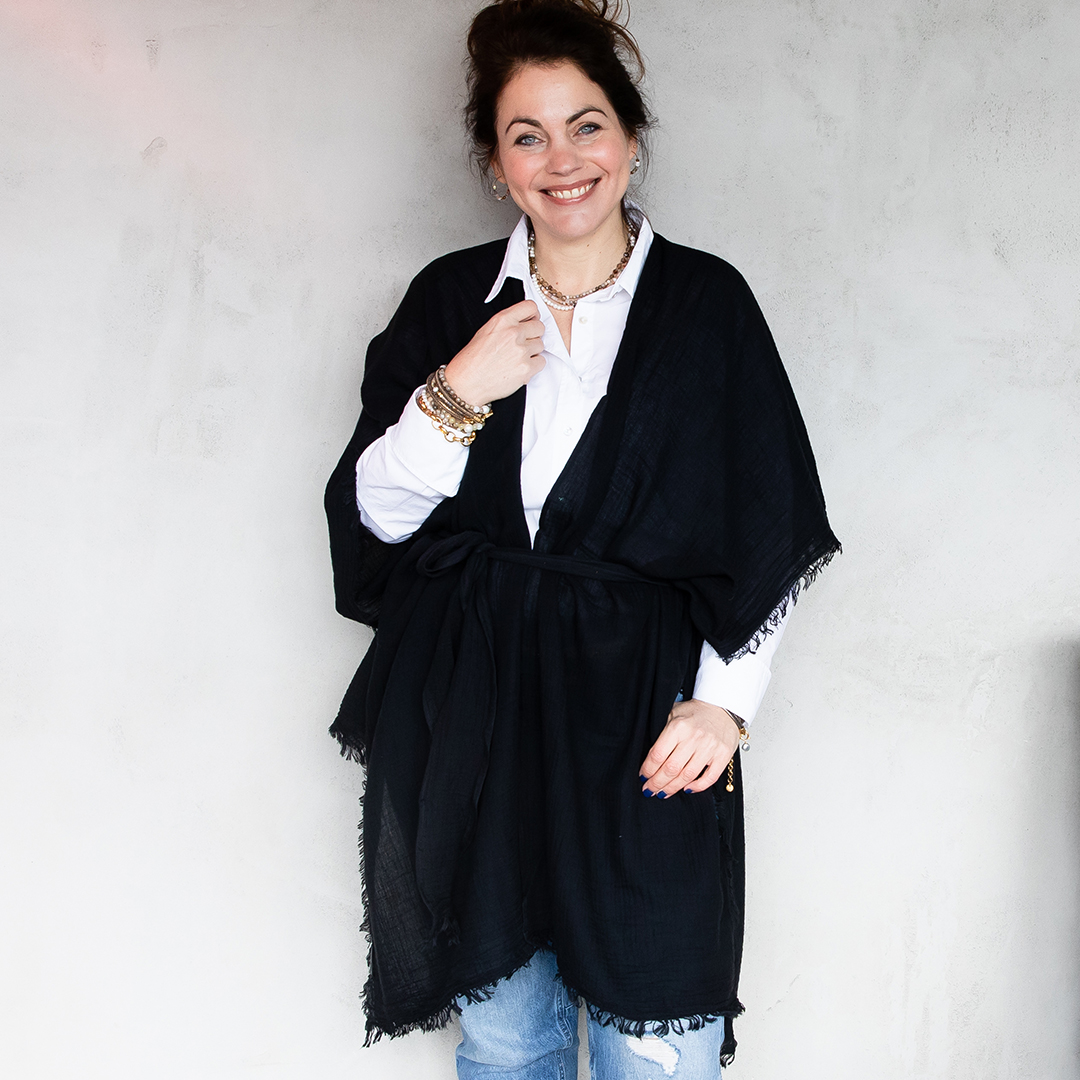 Katoenen Sjaal zwart Poncho Pim 972 01