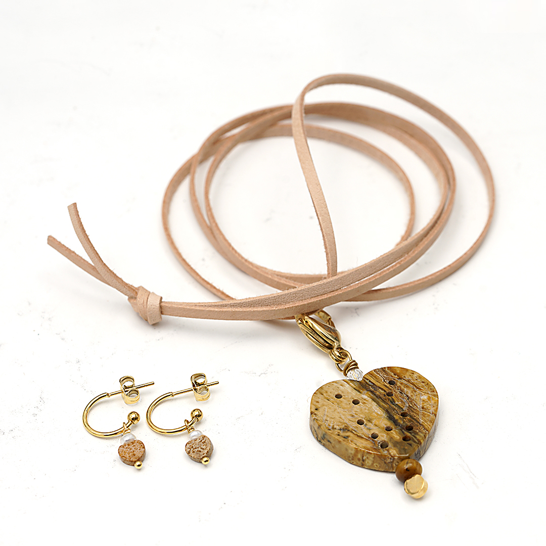 782 04 Edelsteen Hart Ketting en oorbellen set Goud Naturel Jaspis Romance
