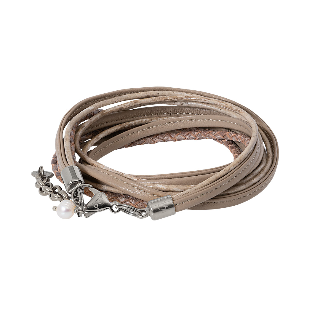Wikkelarmband leer beige zilver 1028 06Z