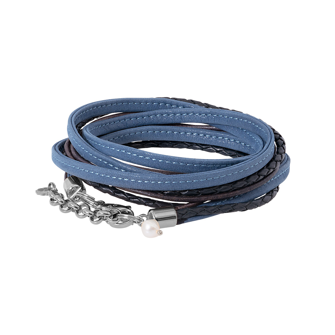 Wikkelarmband leer blauw zilver 1028 03Z