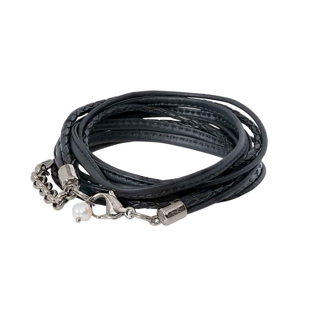 Wikkelarmband leer zwart zilver 1028 01Z
