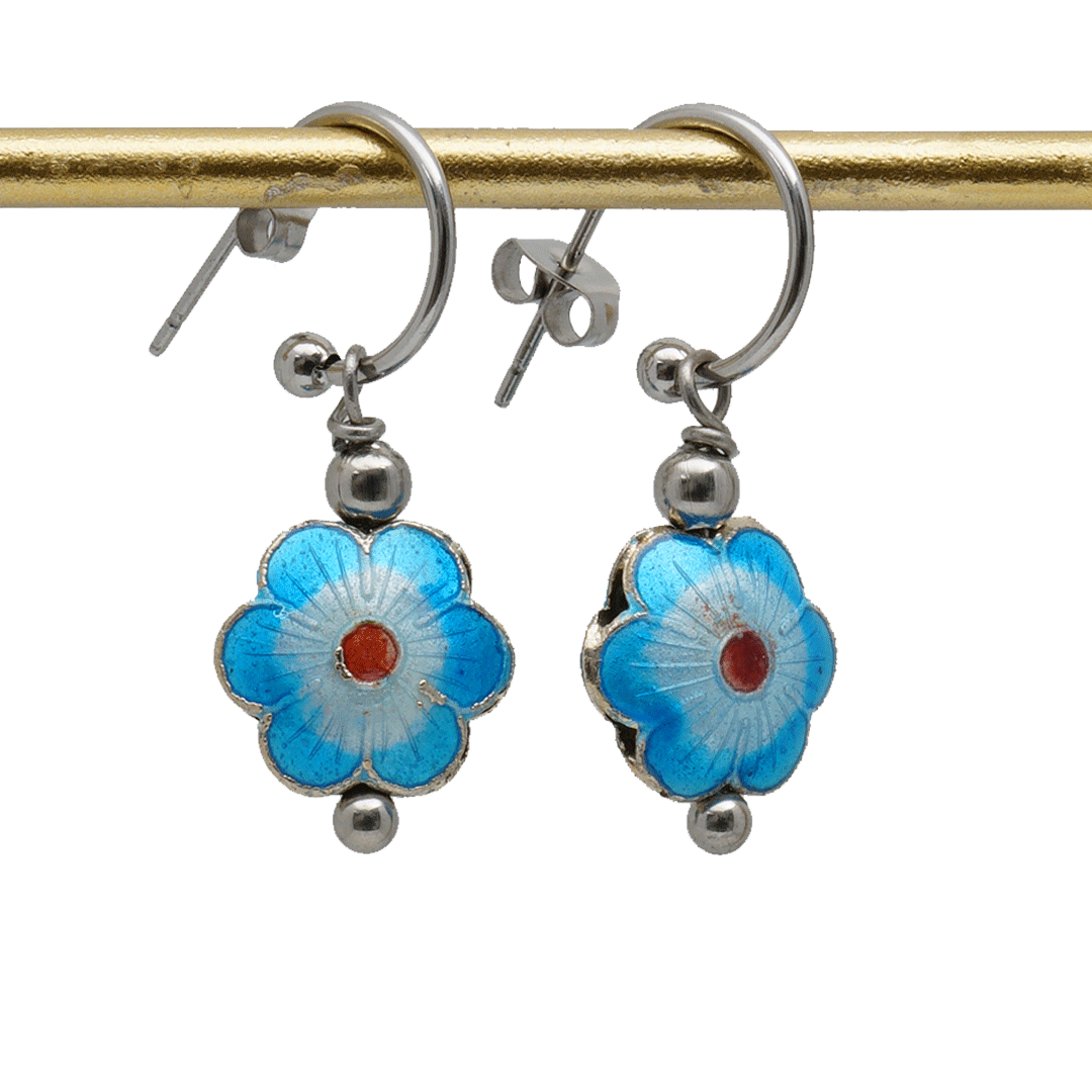 bloem oorbellen blauw cloisonné zilver creool 818 102Z